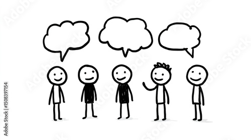 Stick figures having a conversation and sharing ideas, opinions and thoughts