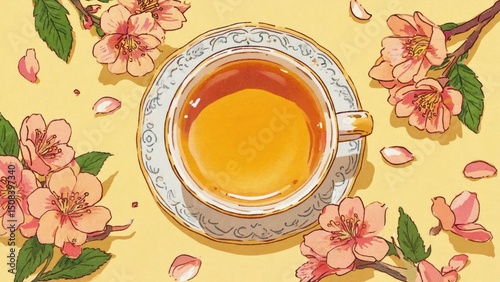 Spring tea illustration with flowers