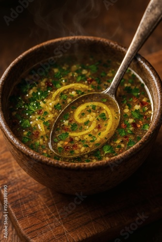 Rustic Cowboy Butter Sauce with Garlic, Herbs, and Lemon Zest in Ceramic Bowl - Macro Food Close-Up for Recipe Features