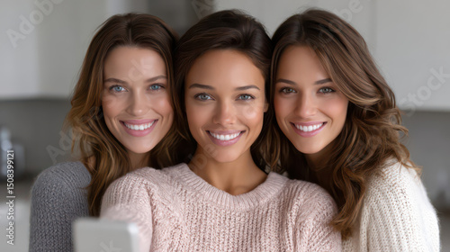 Triplets of Radiant Joy: identical triplets radiate pure joy as they huddle together to capture a timeless selfie, their warm smiles reflecting an unbreakable bond of sisterhood.