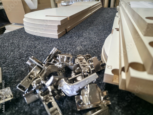 Assembly components arranged on a workbench in a workshop for furniture manufacturing during the day