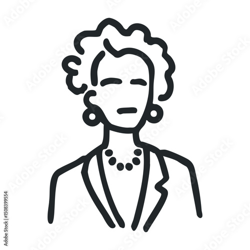 Sketch of caucasian mature female with curly hair and jewelry – stock vector icon in line drawing style