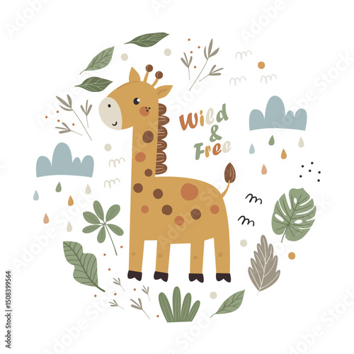 Vector round poster with cute giraffe inside, leaves and branches. Well suited for use in children's room design, books, kindergarten