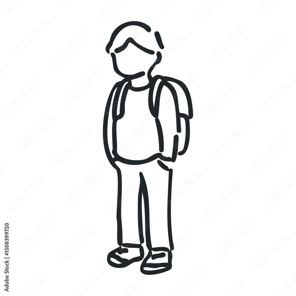 Sketch of young caucasian male teen with backpack in minimalist style – stock vector icon in line drawing style Sketch of young caucasian male teen with backpack in minimalist style – stock vector icon in line drawing style