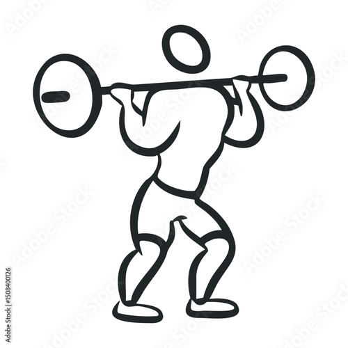 Minimalist drawing of person lifting weights with barbell – stock vector icon in line drawing style