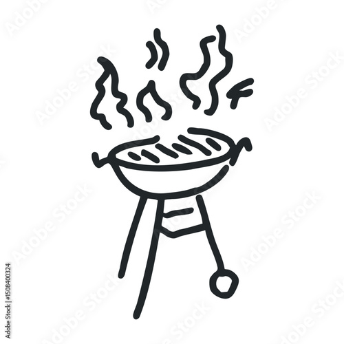 Simple hand-drawn bbq grill sketch with smoky details – stock vector icon in line drawing style