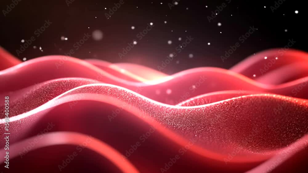 Abstract red waves with sparkling particles rise against a dark background, creating a futuristic, textured and organic-looking scene