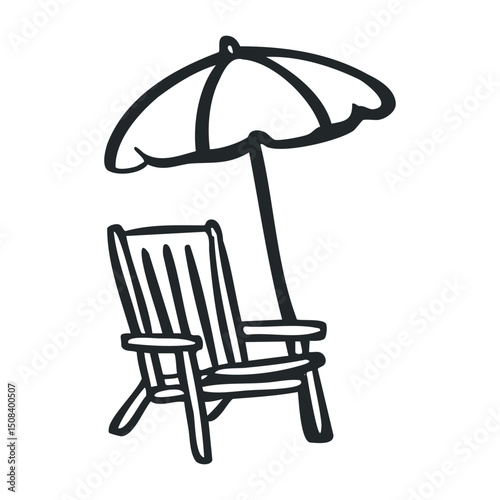 Simple beach chair and umbrella drawing in black ink – stock vector icon in line drawing style