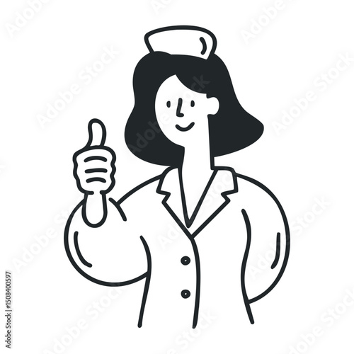 Cartoon female nurse giving thumbs up in uniform – stock vector icon in line drawing style