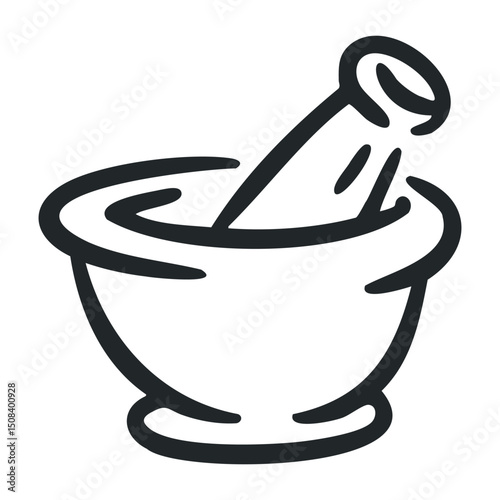 Mortar and pestle with fresh herbs for culinary and herbal use – stock vector icon in line drawing style