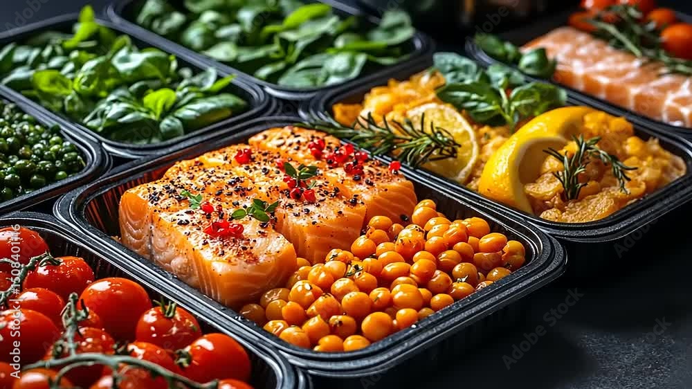 Healthy Meal Prep: Salmon, Chickpeas, Tomatoes, and Greens Ready to Eat Freshly Made