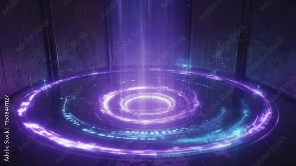 A futuristic space station stabilizes a glowing purple energy ring distorts space-time. ring’s surface ripples like water as glowing particles spiral inward, wormhole surrounded by tech arms