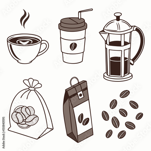 Vector illustration bundle of coffee-themed items – mugs, beans, cups, and more