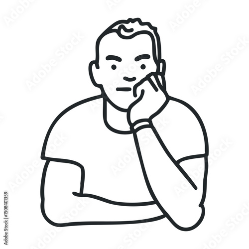 Male line drawing: curious young caucasian adult in thoughtful pose – stock vector icon in line drawing style