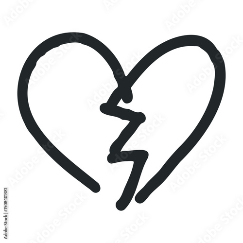 Broken heart symbol with crack in simple black line art design – stock vector icon in line drawing style