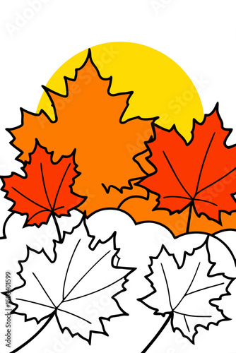 Autumn leaves with sun in colorful illustration style  