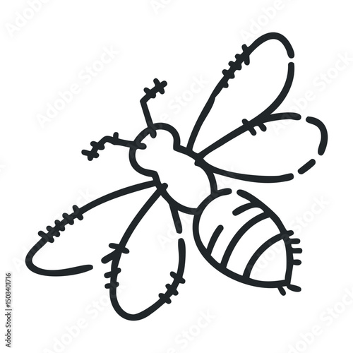 Stylized outline drawing of a bee with detailed wings – stock vector icon in line drawing style