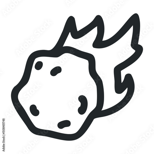 Hand-drawn cartoon asteroid with flames and craters – stock vector icon in line drawing style