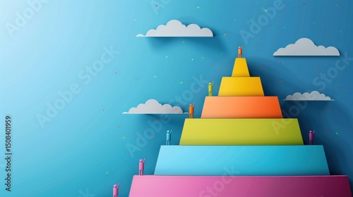 A colorful, abstract geometric pyramid with a gradient of rainbow colors on a blue background with white clouds and confetti.