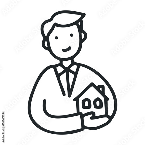 Smiling caucasian male adult holding house drawing in line art style – stock vector icon in line drawing style