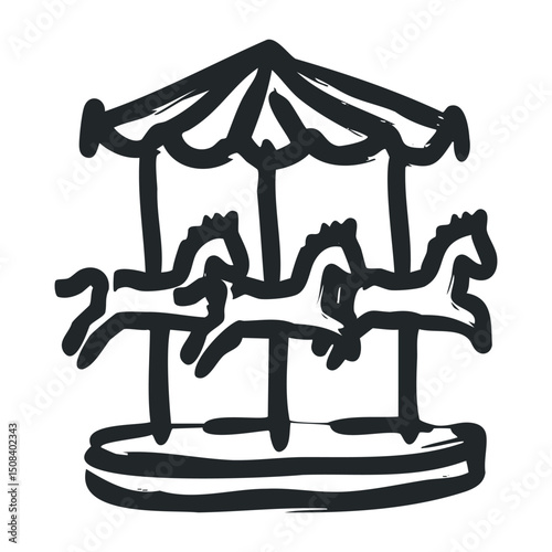 Playful carousel horses sketch in black ink – stock vector icon in line drawing style
