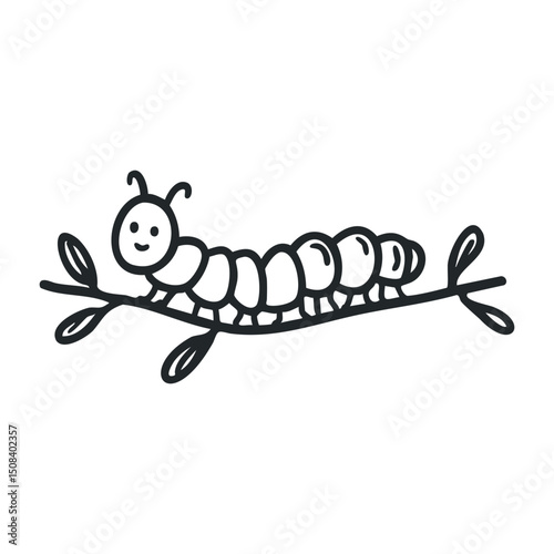 Cartoon caterpillar on branch illustration showing whimsical insect art – stock vector icon in line drawing style