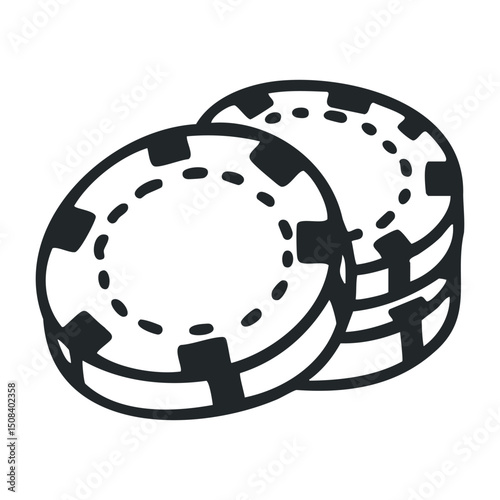 Illustration of two stacked casino poker chips in black and white – stock vector icon in line drawing style