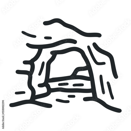 Hand-drawn cave with entrance outline and rock details in simple style – stock vector icon in line drawing style