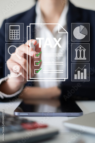 Businessman tax calculation accounting financial payment economy planning money income business concept digital government investment online analysis law return deduction revenue refund service