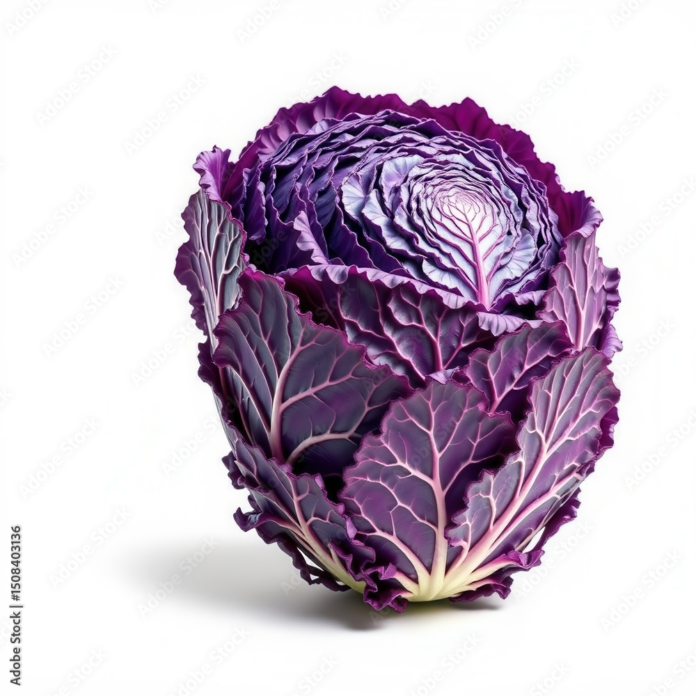Obraz premium A vibrant head of purple cabbage with striking veined leaves, isolated on a white background.