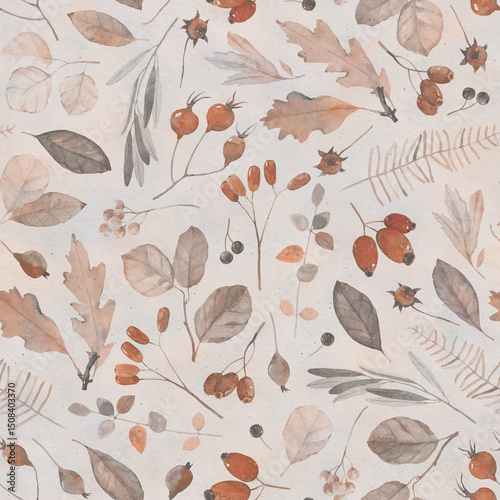 Wallpaper Mural Watercolor pattern with leaves, berries and seeds. Vintage seamless pattern. Cute background for fabric, textile, wallpaper. Torontodigital.ca