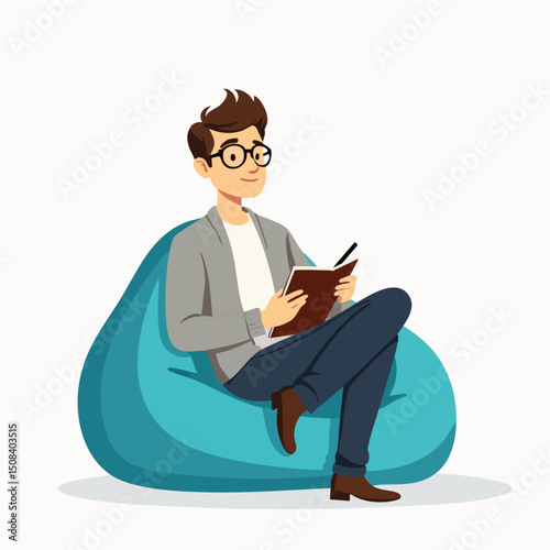Young Male Psychologist with Notebook – Sitting on Bean Bag Chair Illustration
