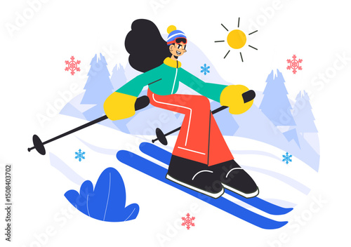 Skiing Vector Illustration Featuring Skiers Sliding Down a Snowy Mountain at a Ski Resort in Winter Sports Activities in a Flat Style Background