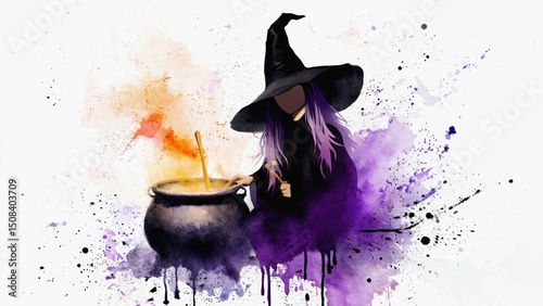 Witch with cauldron watercolor illustration