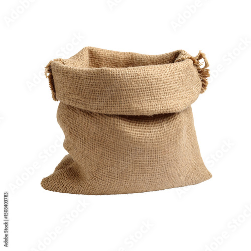 Empty burlap sack rustic texture brown sackcloth bag on transparent background