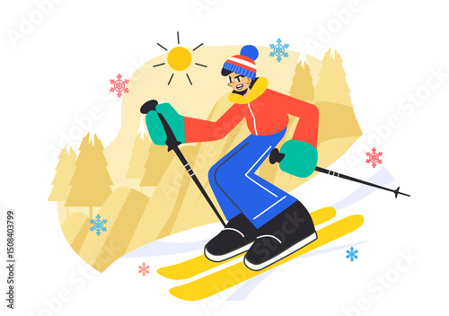 Skiing Vector Illustration Featuring Skiers Sliding Down a Snowy Mountain at a Ski Resort in Winter Sports Activities in a Flat Style Background