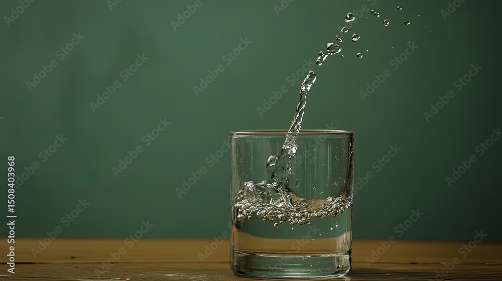 Water Splashing into a Glass on a Wooden Table Water Splashing into a Glass on a Wooden Table