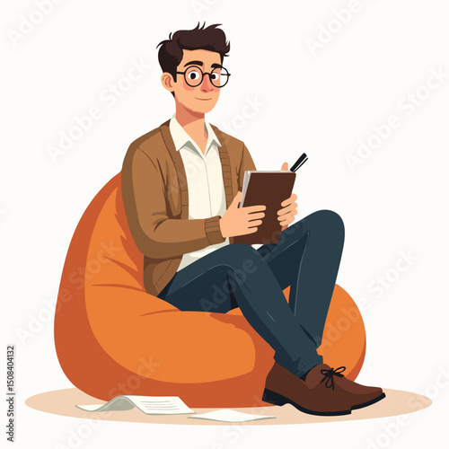 Mental Health Counselor Reading Book on Bean Bag – Cartoon Vector Character
