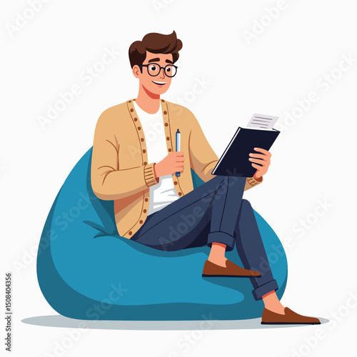 Therapist Reading on Bean Bag – Flat Style Psychologist Illustration