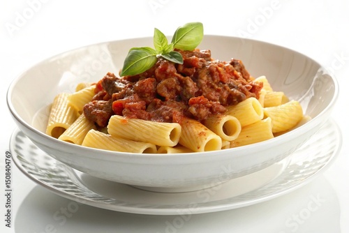 Delicious rigatoni pasta with meat sauce and basil garnish isolated on white background