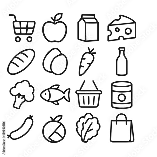 Simple Outline Groceries Icons Set with Shopping Cart and Food Items