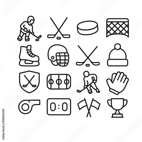 Linear Handdrawn Ice Hockey Equipment and Elements Icon Set Collection