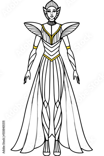 Female character design in elegant dress for coloring pages  