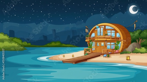 Wooden barrel house beach night illustration
