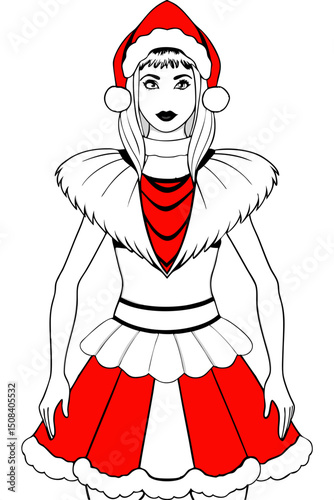 Woman in Santa Claus costume with fur trim for coloring pages  