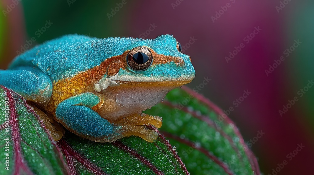 Obraz premium Vibrantly colored frog with striking blue upper body and warm orange-yellow chest and belly, perched on a green leaf with red veins and water droplets. Large, dark reflective eyes add expressive detai