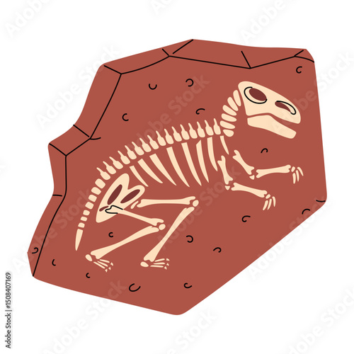 Fossils with tyrannosaurus bones. Silhouette of a dinosaur in stone. Flat color illustration. For scientific projects, encyclopedias, educational books, museum exhibitions, materials about dinosaurs