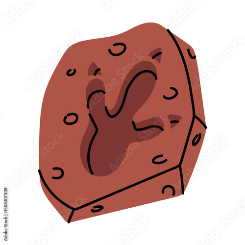 fossil is an imprint of a Tyrannosaurus footprint. Paleontology, silhouette of a dinosaur in stone. Flat color illustration. For scientific projects, encyclopedias, museum exhibitions, dinosaurs.