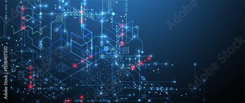 Digital circuit visualization vector background.  Blue board pattern with interconnected lines, nodes, and binary code.