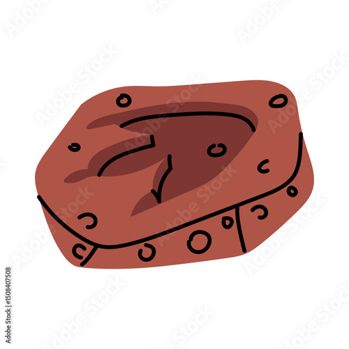 fossil is an imprint of Allosaurus footprint. Paleontology, silhouette of a dinosaur in stone. Flat color illustration. For scientific projects, encyclopedias, museum exhibitions, materials dinosaurs